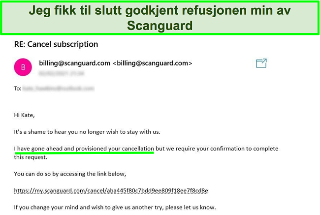Skjermbilde av en bruker som ber om refusjon med pengene-tilbake-garantien fra Scanguards kundestøtteteam