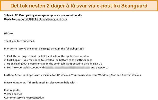 Skjermbilde av e -postrespons fra kundestøtte fra Scanguard.