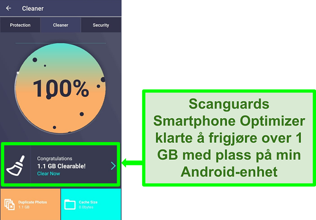Skjermbilde av Scanguards Cleaner -funksjon på Android som sletter over 1 GB dupliserte bilder.