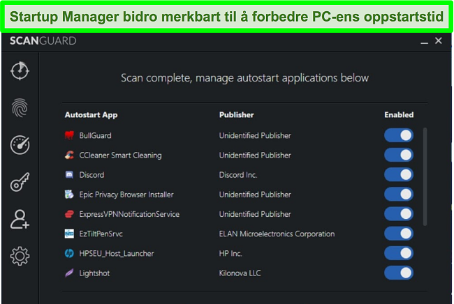 Skjermbilde av Scanguards Startup Manager med autostart -applikasjoner oppført.