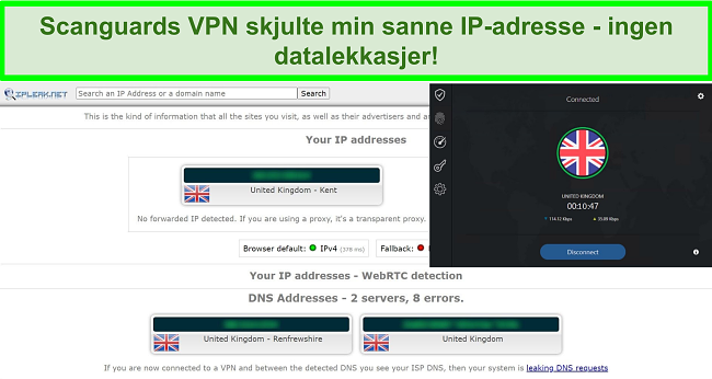 Skjermbilde av Scanguards VPN og en IP -lekkasjetest som viser ingen datalekkasjer.