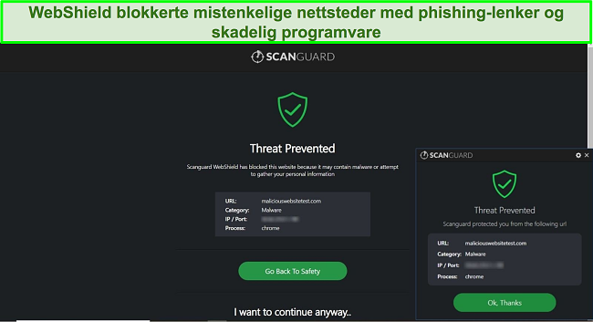 Skjermbilde av Scanguards WebShield -funksjon som blokkerer tilgang til et nettsted for skadelig programvare.