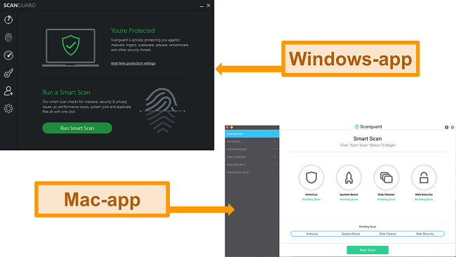 Skjermbilder av Scanguards Windows- og Mac -grensesnitt.