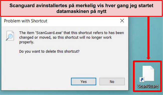 Skjermbilde av Scanguards ødelagte snarvei på Windows PC.