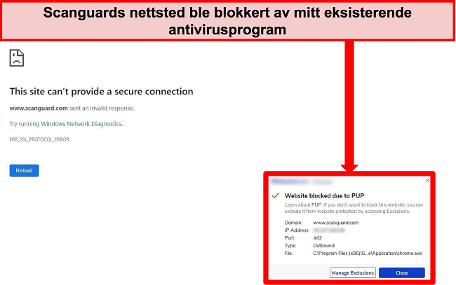 Skjermbilde av antivirus som blokkerer Scanguards nettsted på grunn av PUP.