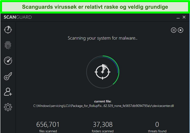 Skjermbilde av Scanguards systemskanning som kjører på en Windows -PC.