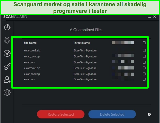 Skjermbilde av Scanguards karantene med flere testfiler for skadelig programvare.