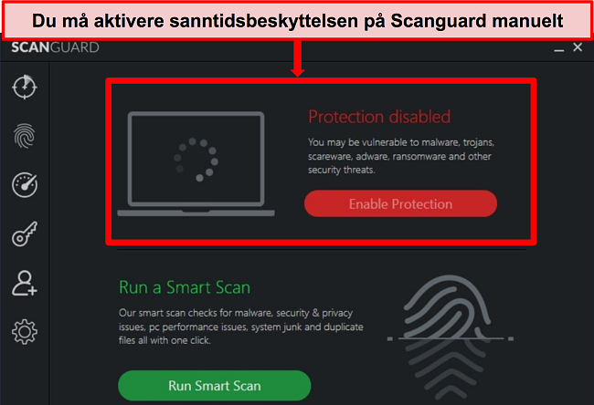 Skjermbilde av Scanguards antivirus-app med sanntidsbeskyttelse deaktivert.