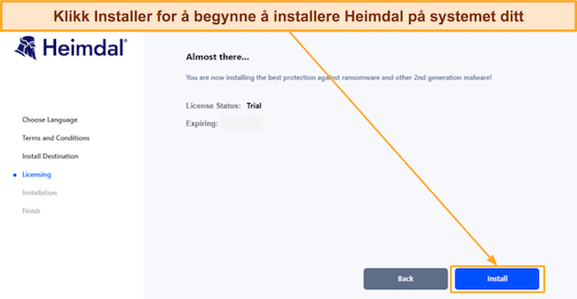 Skjermbilde som viser at Heimdal er klar til å installere etter prøveaktivering