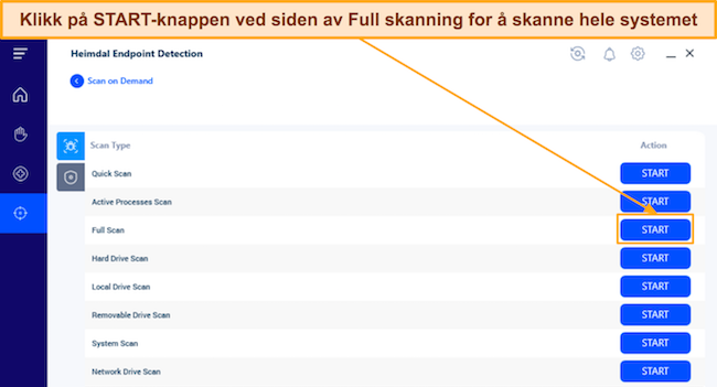 Skjermbilde som viser hvordan du starter Heimdals Full Scan