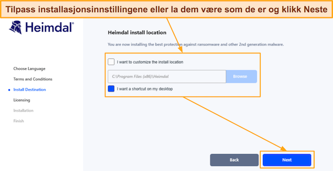 Skjermbilde som viser installasjonsinnstillingene i Heimdals oppsett