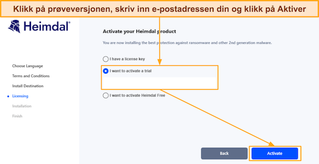 Skjermbilde som viser lisensieringsdelen av Heimdals oppsett