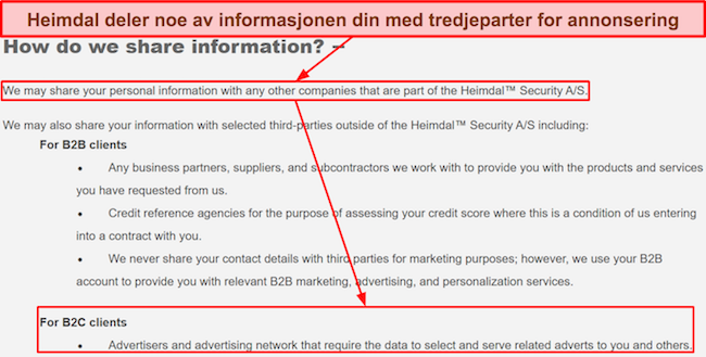 Skjermbilde av Heimdals personvernpolicy som nevner at den beholder noen brukerdata