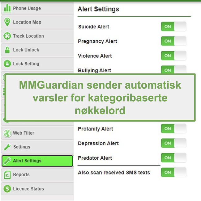 Skjermbilde av MMGuardian som automatisk sender varsler for kategoribaserte nøkkelord