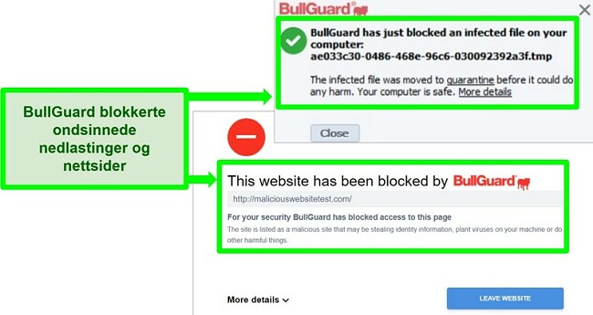 Skjermbilde av BullGuards nettsted og nedlastingsblokker.