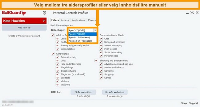 Skjermbilde av BullGuards foreldrekontrollinnstillinger og profilfiltre.