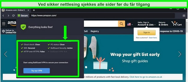 Skjermbilde av BullGuards Secure Browser som viser alle sikkerhetskontroller.