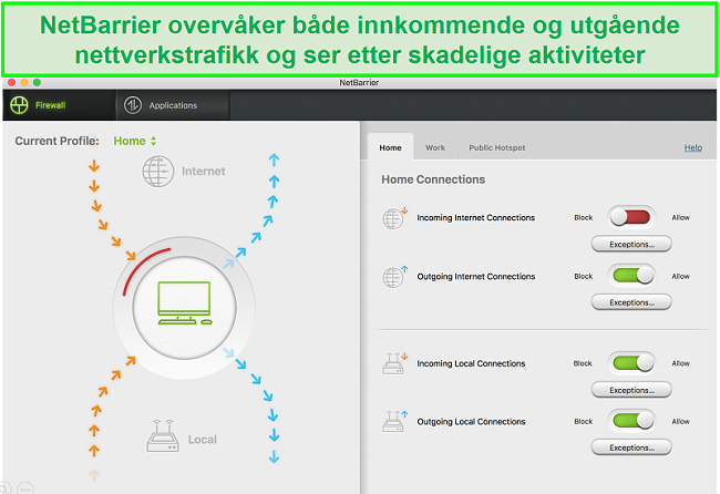 Skjermbilde av Intego NetBarrier brukergrensesnitt som beskytter innkommende og utgående nettverkstrafikk