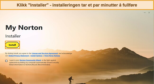 Skjermbilde av Nortons installasjonsskjerm, uthever installasjonsknappen.