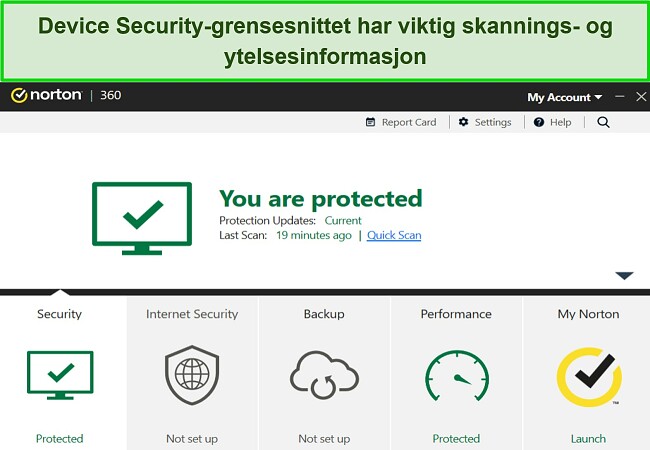 Skjermbilde av Nortons Device Security-dashbord for Windows.