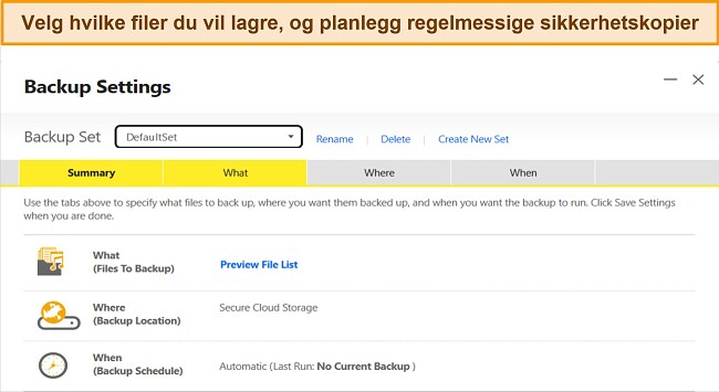 Skjermbilde av Nortons Backup Settings-funksjon på Windows.