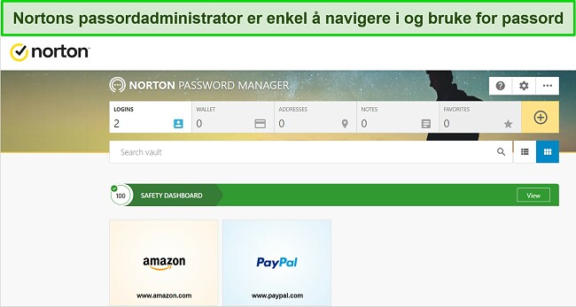 Skjermbilde av Nortons passordbehandlingsfunksjon.