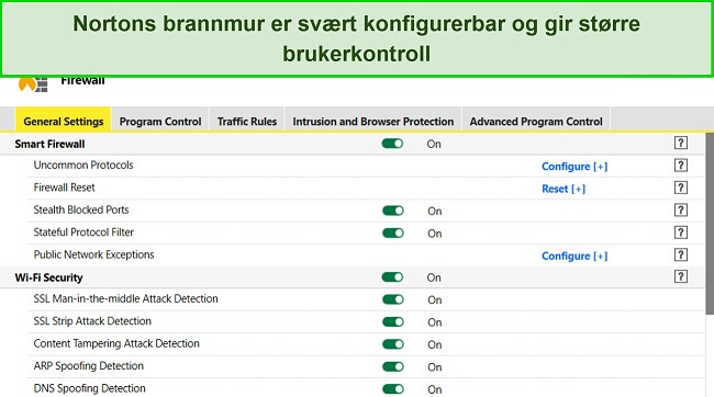Skjermbilde av Nortons brannmurinnstillinger som viser høy grad av tilpasningsmuligheter.