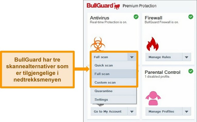 Skjermbilde av BullGuards skannealternativer