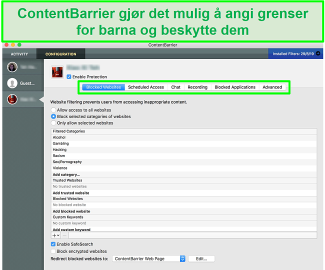 skjermbilde av ContentBarrier-grensesnittet som viser forskjellige foreldrekontrollinnstillinger