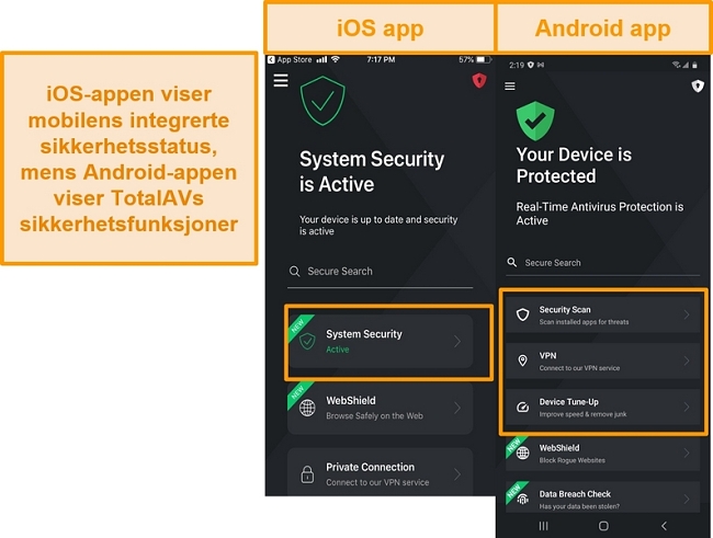 Skjermbilde som viser forskjellen mellom iOS og Android TotalAV-apper