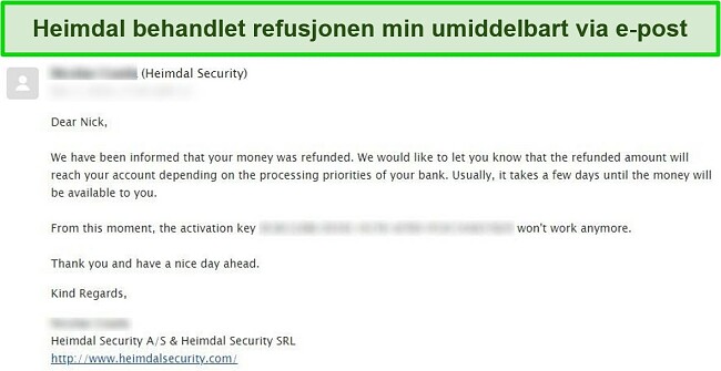 Skjermbilde av e-post om bekreftelse av Heimdal sikkerhetsrefusjon