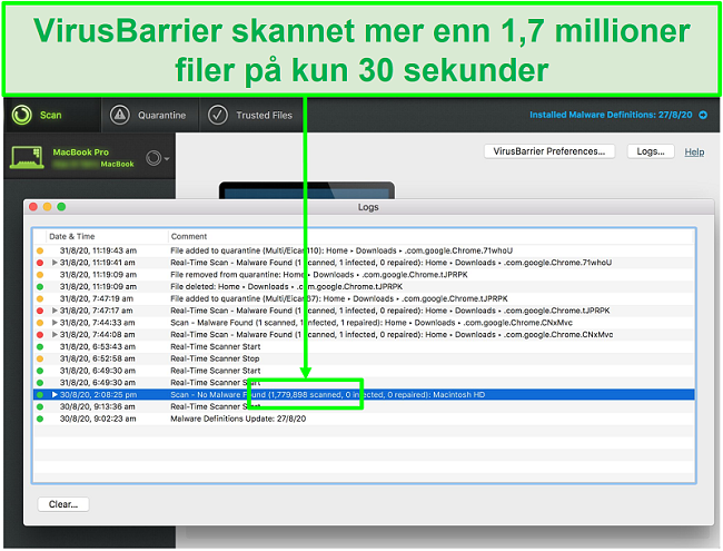 Skjermbilde av loggene for Intego-virussøk som viser at den skannet 1,7 millioner filer på 30 minutter