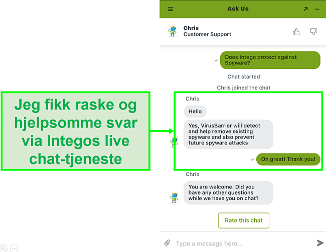 Skjermbilde av Intego live chat gir rask og nyttig støtte