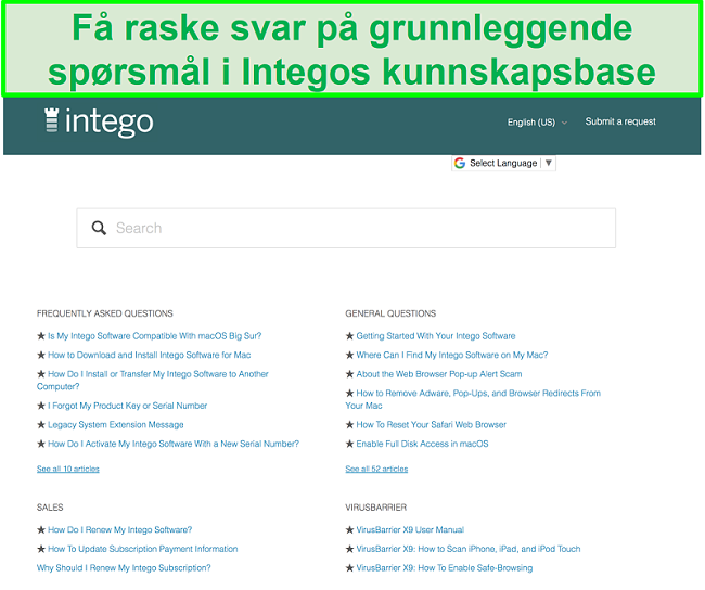 Skjermbilde av Integos kunnskapsbase som viser vanlige spørsmål og svar