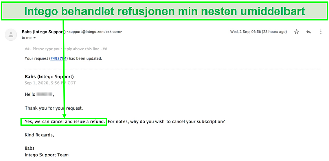 Skjermbilde av e-postsamtale med Intego kundesupport som umiddelbart behandler refusjonsforespørselen min uten spørsmål.