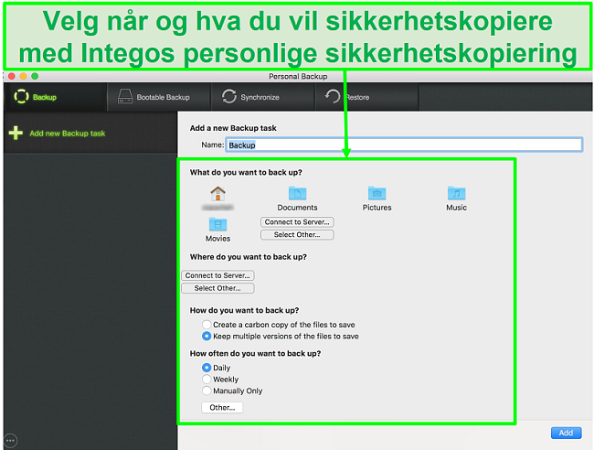 Skjermbilde av Intego personlig sikkerhetskopieringsgrensesnitt med tilpassbare alternativ for sikkerhetskopiering av data