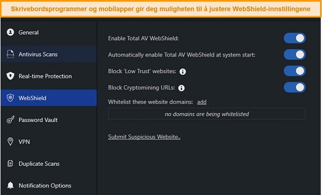 Skjermbilde av WebShield-innstillinger på TotalAVs desktop-app