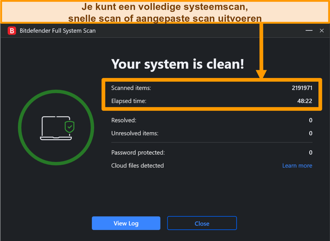 Screenshot van een voltooide Bitdefender-systeemscan.