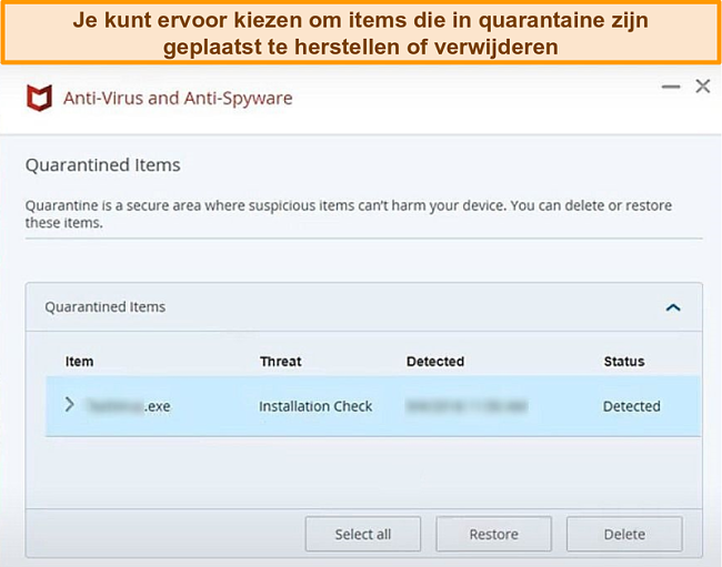 Screenshot van de McAfee Quarantine-functie