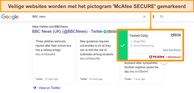 Screenshot van Google-zoekopdracht op het web met McAfee WebAdvisor die laat zien dat een site authentiek en veilig is