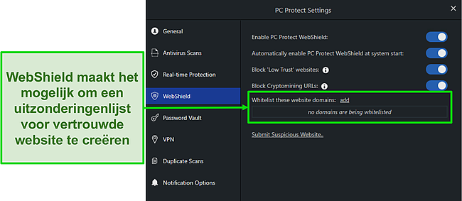 Screenshot van de WebShield-instellingen van PC Protect om u online te beschermen.