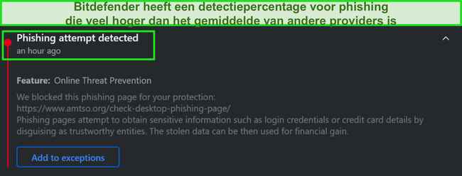 Bitdefender-phishing-waarschuwing voor desktop.