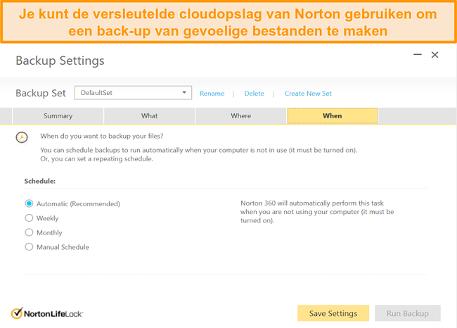 Screenshot van Norton 360's cloudopslagopties en back-upfrequentieselectie.
