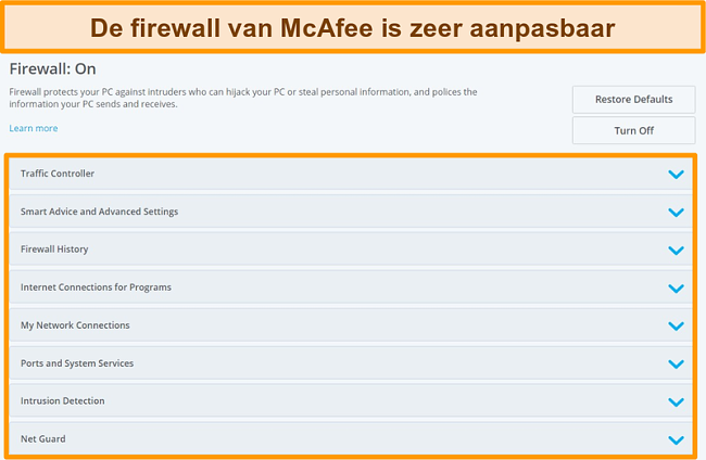 Screenshot van McAfee Firewall-functies
