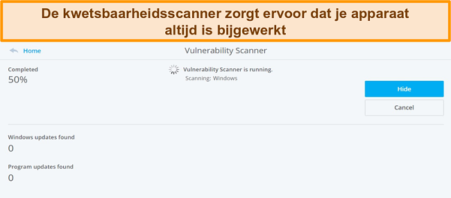 Screenshot van McAfee Vulnerability Scanner die een systeemscan uitvoert