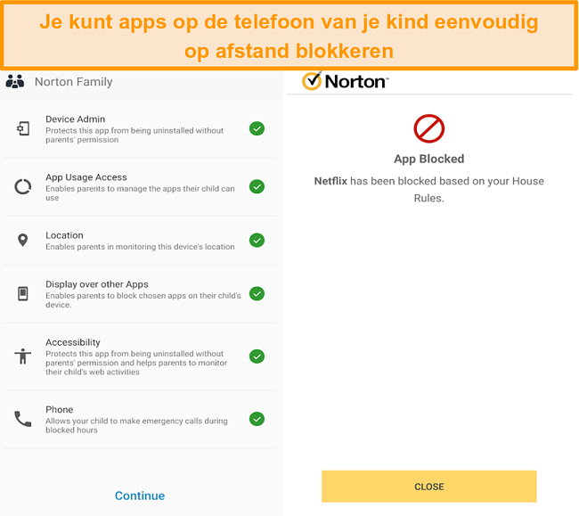 Screenshot van Norton 360's overzicht van ouderlijk toezicht op mobiele apparaten
