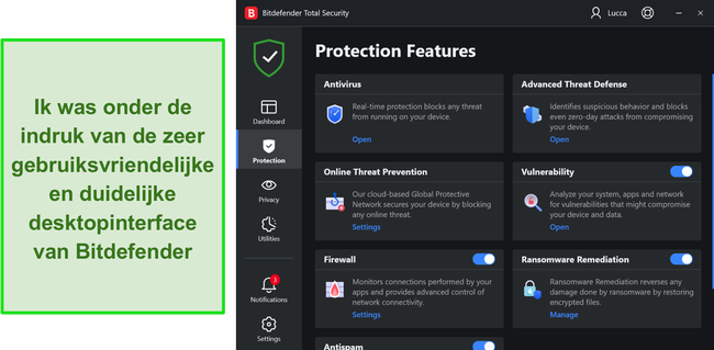 Screenshot van de Windows-app-interface van Bitdefender