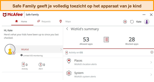 Screenshot van de functie Ouderlijk toezicht van McAfee Safe Family gekoppeld aan een iPhone