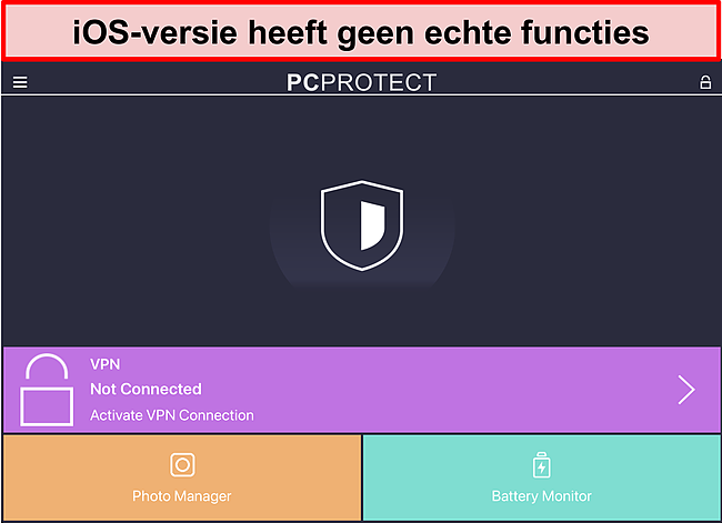 Screenshot van de iOS-applicatie van PC Protect die geen echte functies heeft.