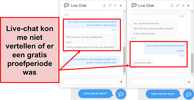 Screenshot van het ondersteuningsteam van PC Protect dat me niet vertelde of er een gratis proefversie werd aangeboden, en zo ja, hoe lang deze duurde.